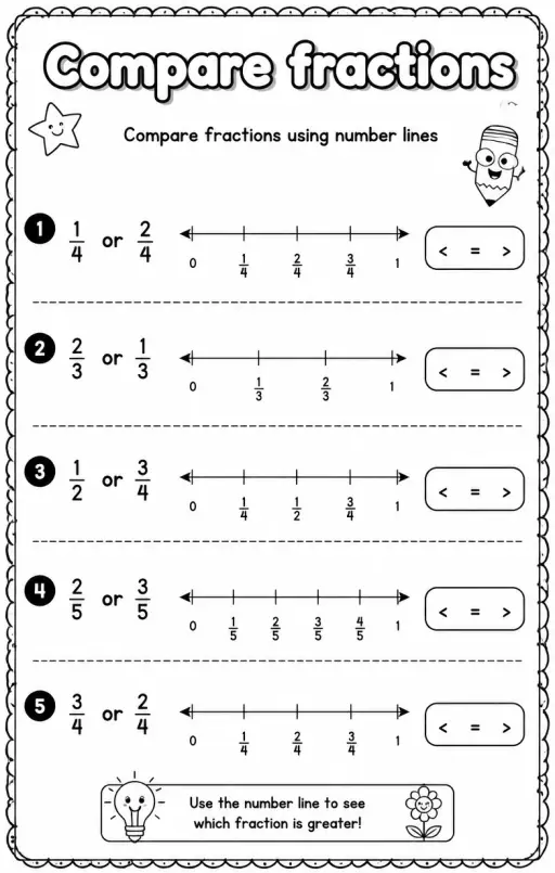 Compare fractions using number lines