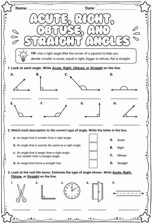 Acute, right, obtuse, and straight angles