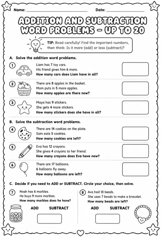 Addition and subtraction word problems - up to 20