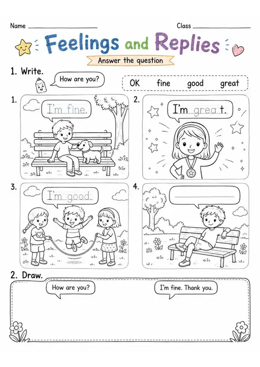 Feelings and Replies | Grade 1 Vocabulary & Writing Worksheet