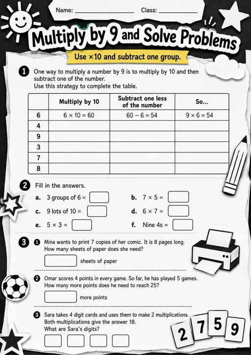 Multiply by 9 and Solve Problems - Grade 3 Math Worksheet