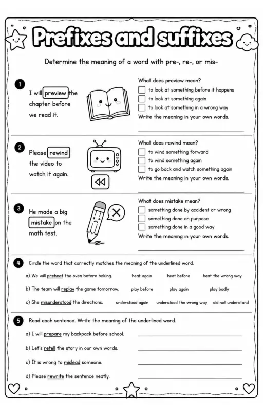 Determine the meaning of a word with pre-, re-, or mis-