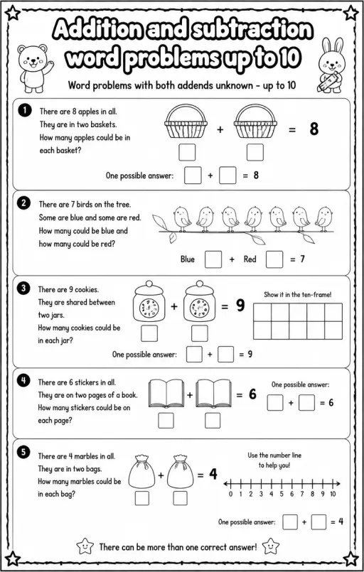 Word problems with both addends unknown - up to 10
