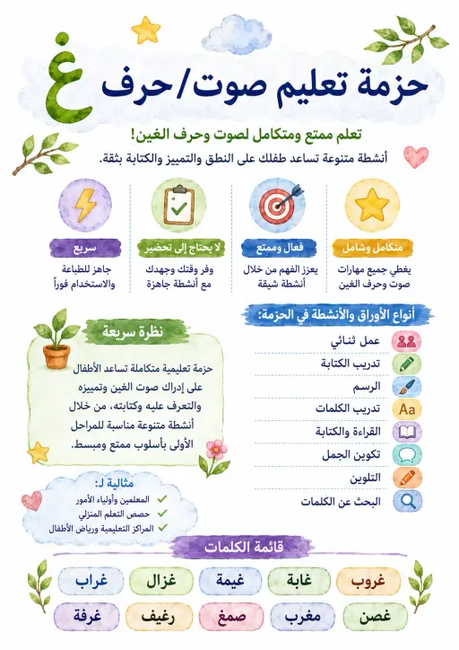 Arabic Letter Ghayn Phonics Worksheets Pack