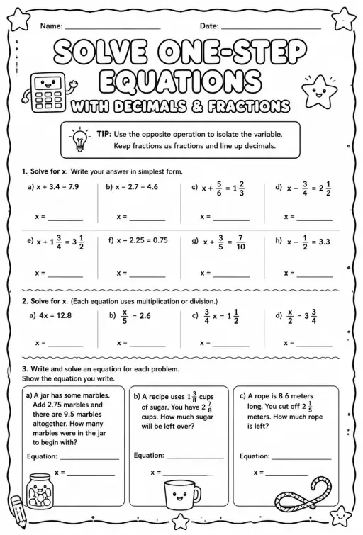 Solve one-step equations with decimals and fractions