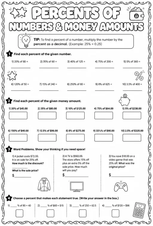 Percents of numbers and money amounts