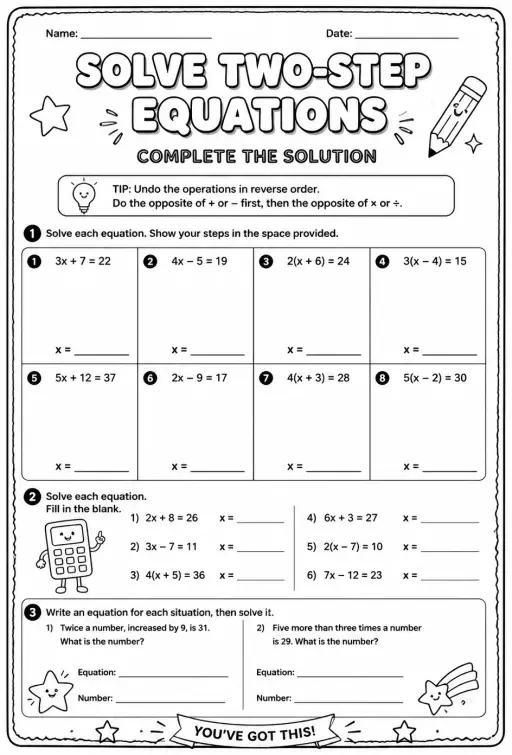 Solve two-step equations: complete the solution