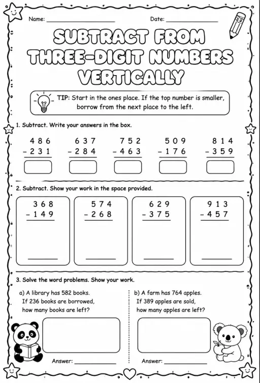 Subtract from three-digit numbers vertically
