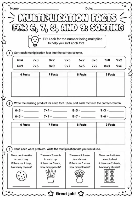 Multiplication facts for 6, 7, 8, and 9: sorting