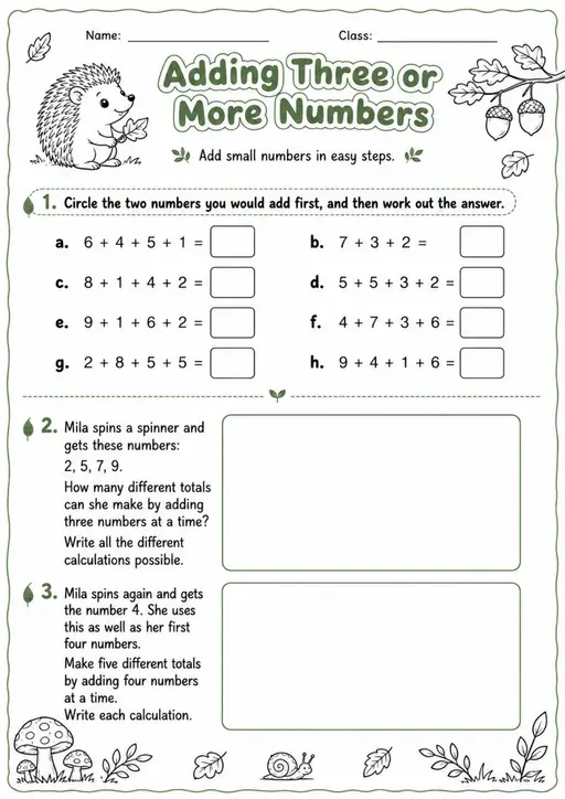 Adding Three or More Numbers - Grade 3 Math Worksheet - grade 3 Reading, explanation, and short-response questions