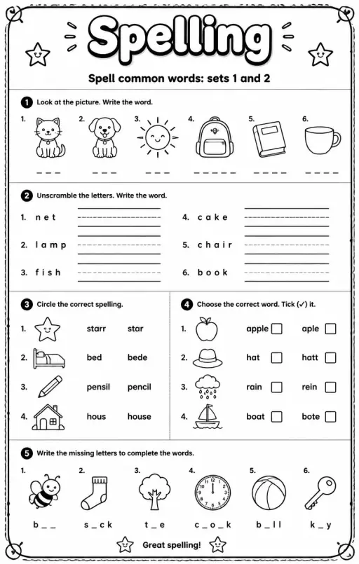 Spell common words: sets 1 and 2
