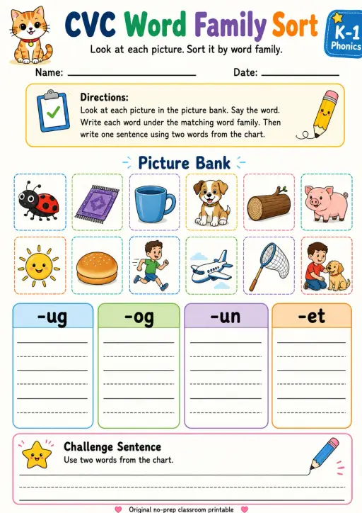 CVC Word Family Sort: -ug, -og, -un, -et