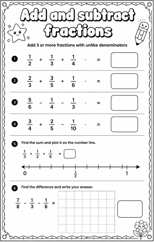 Add 3 or more fractions with unlike denominators