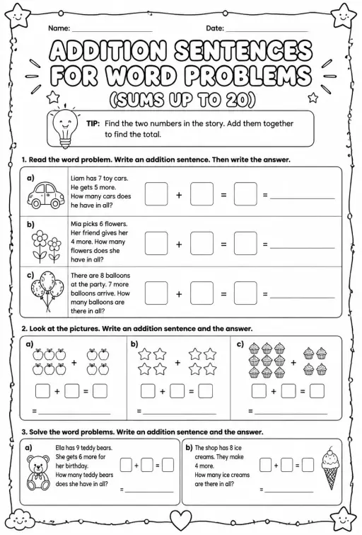 Addition sentences for word problems - sums up to 20
