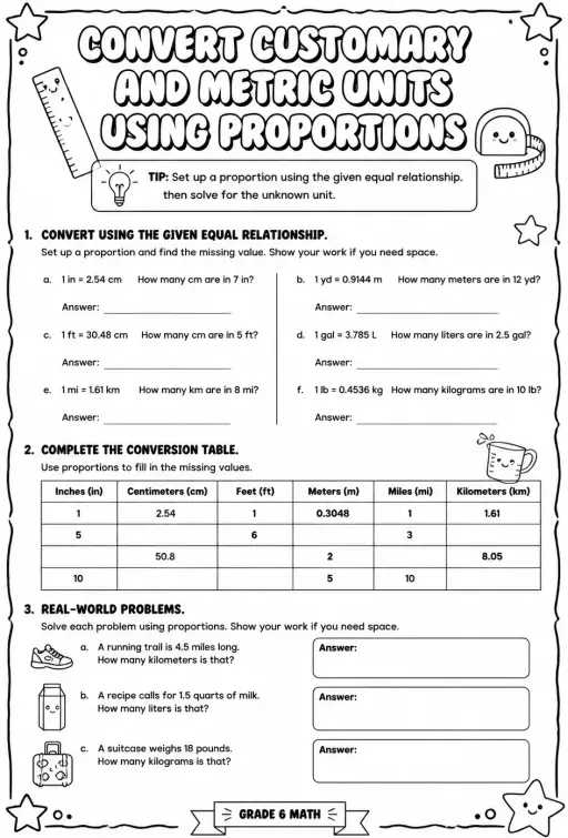 Convert customary and metric units using proportions
