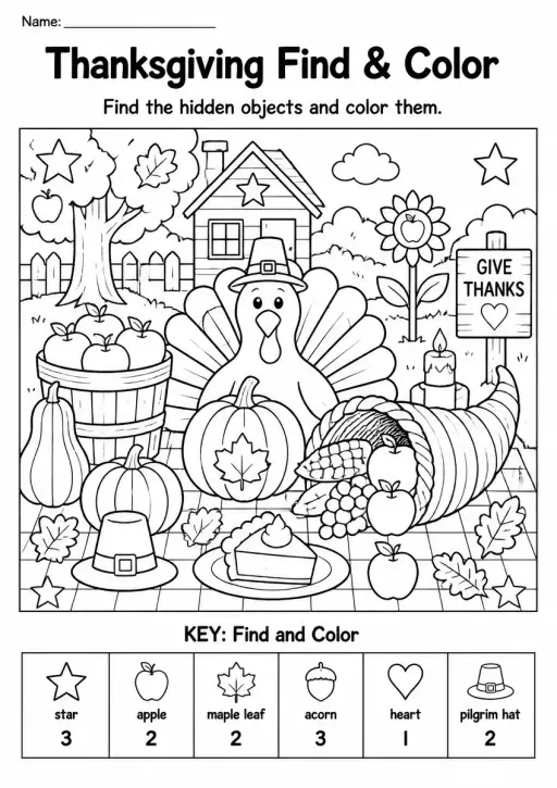 Thanksgiving Find & Color — Grade 3