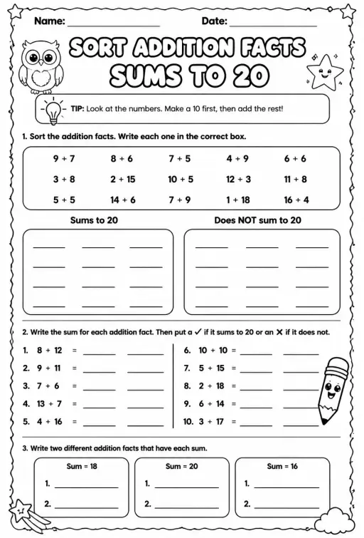 Sort addition facts - sums to 20