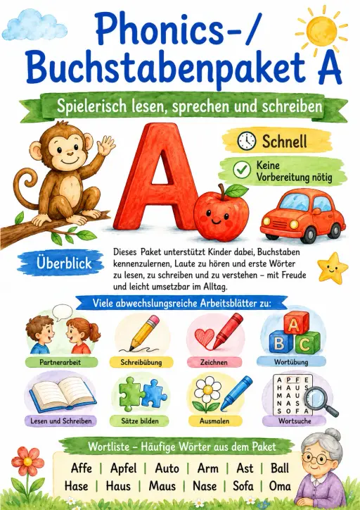 German Letter A Phonics Worksheets Pack
