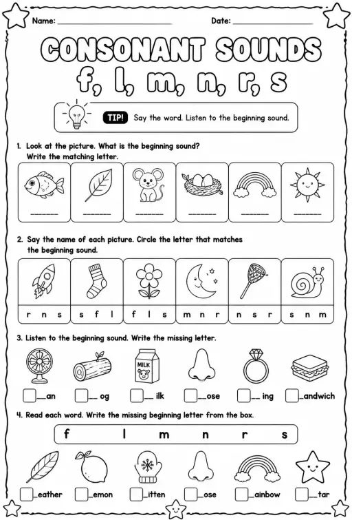 Choose the letter that matches the consonant sound: f, l, m, n, r, s
