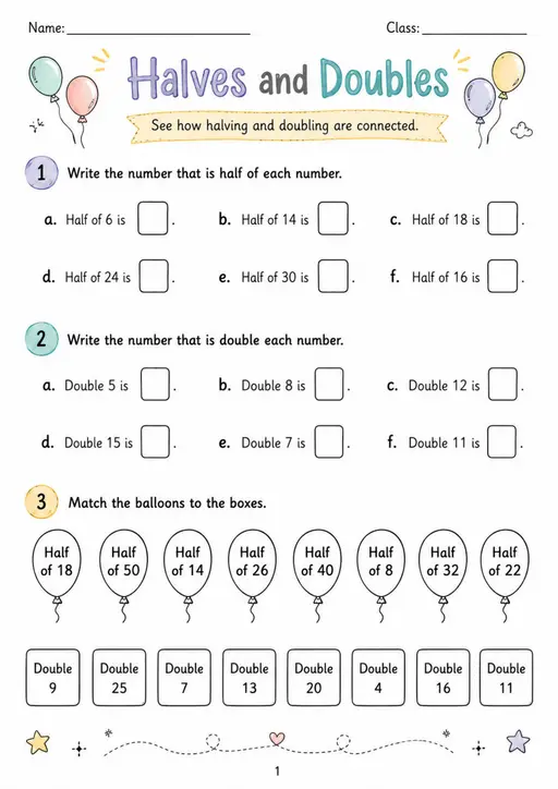 Halves and Doubles - Grade 3 Math Worksheet - grade 3 Labeling, matching, sorting, and classification