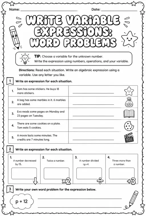 Write variable expressions: word problems