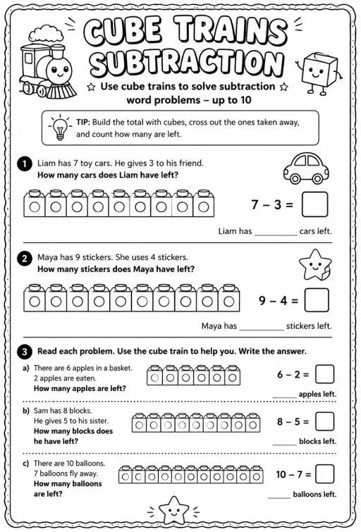 Use cube trains to solve subtraction word problems - up to 10