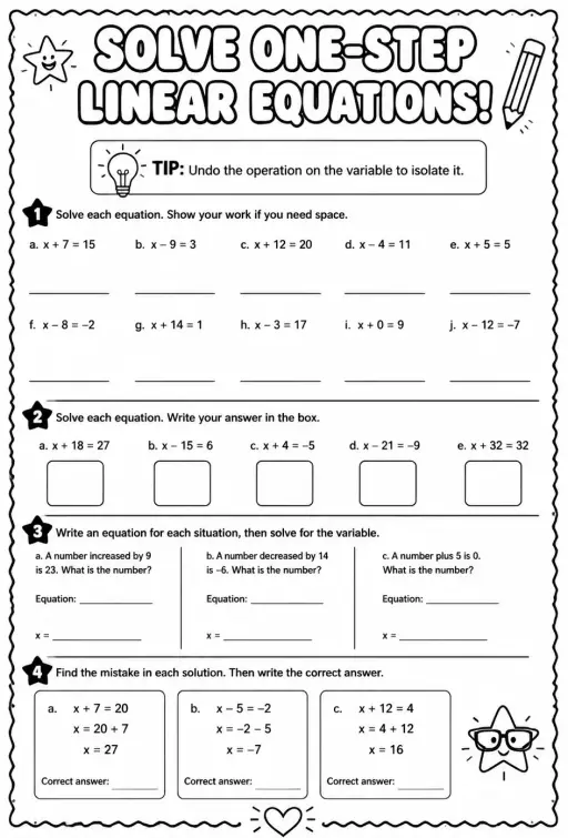 Solve one-step linear equations