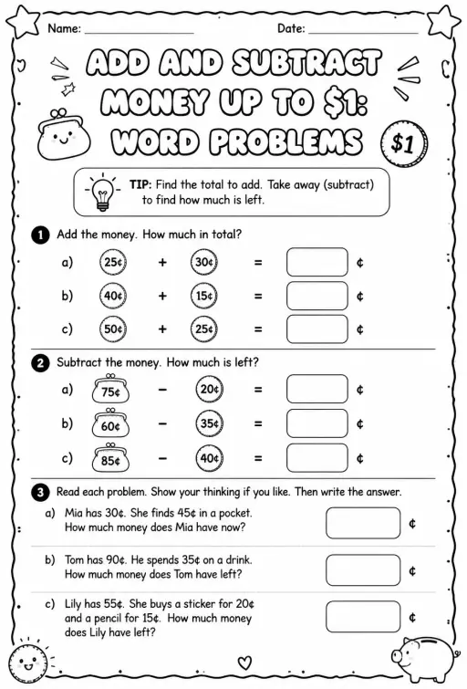 Add and subtract money up to $1: word problems