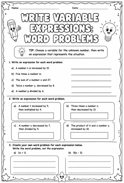 Write variable expressions: word problems