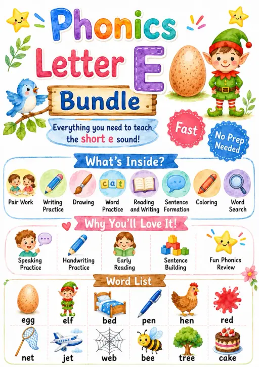 Letter E Phonics Worksheets Pack