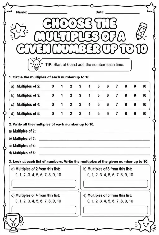 Choose the multiples of a given number up to 10