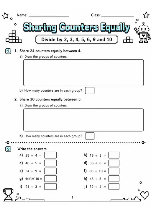 Sharing Counters Equally - Grade 3 Math Worksheet