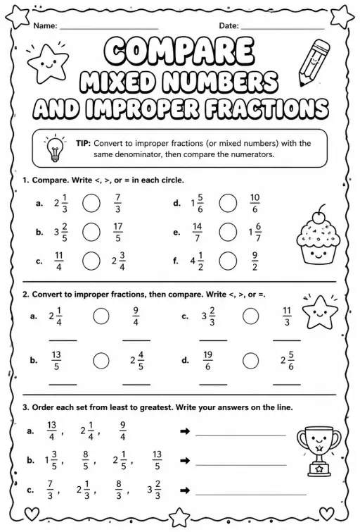 Compare mixed numbers and improper fractions