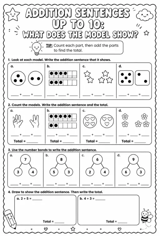 Addition sentences up to 10: what does the model show?
