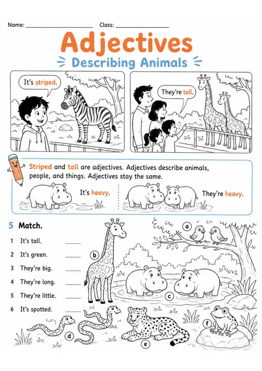 Animal Adjectives Describing Words | Grade 1 Grammar Worksheet
