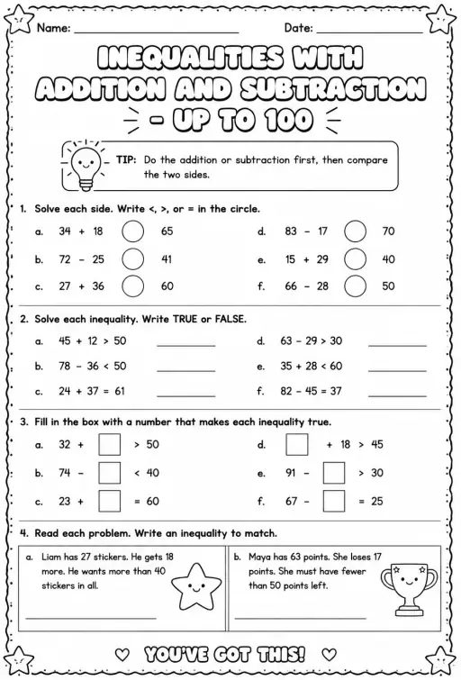 Inequalities with addition and subtraction - up to 100