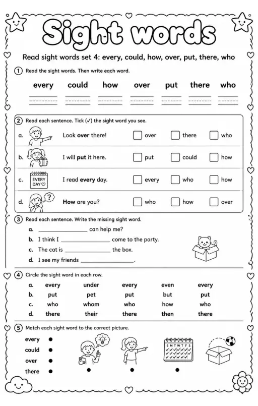 Read sight words set 4: every, could, how, over, put, there, who