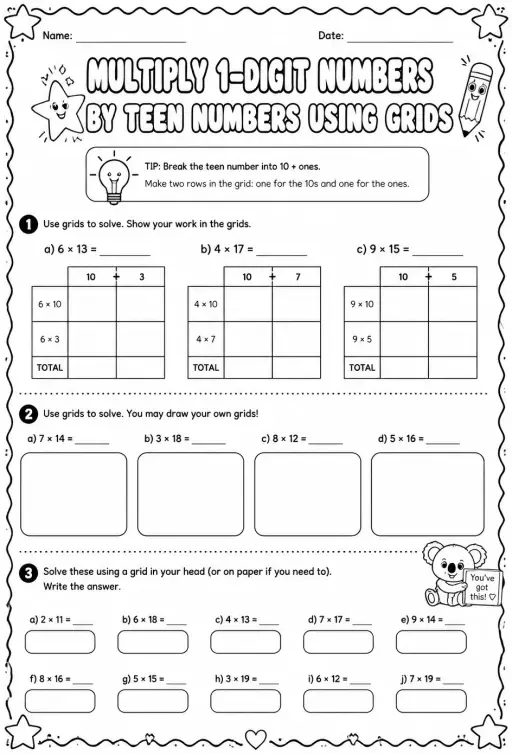 Multiply 1-digit numbers by teen numbers using grids