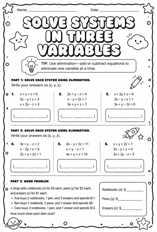Solve a system of equations in three variables using elimination