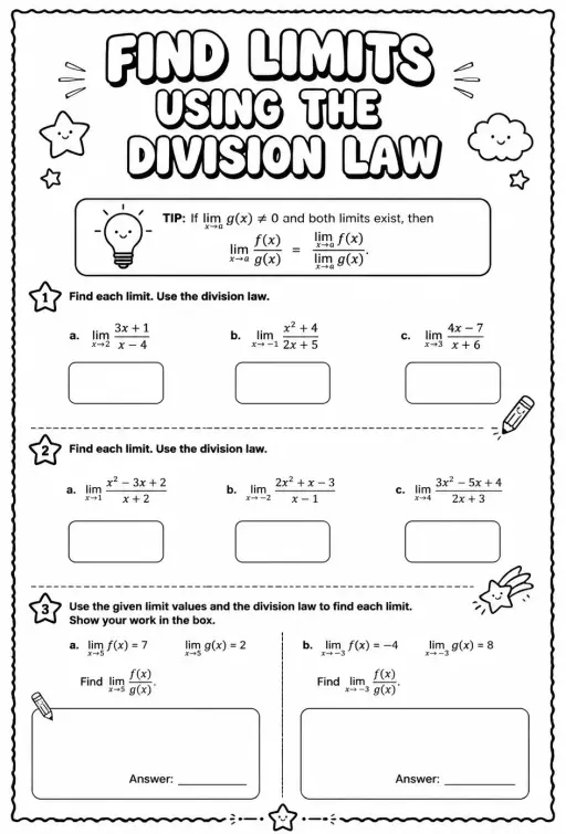 Find limits using the division law
