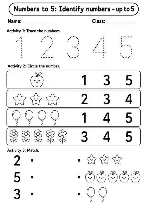Pre-K Numbers to 5 Math Worksheet Pack