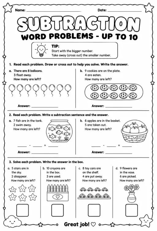 Subtraction word problems - up to 10