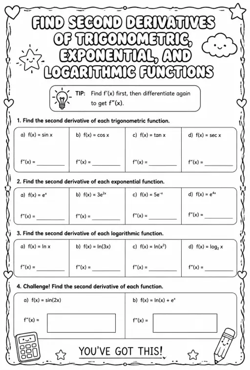 Find second derivatives of trigonometric, exponential, and logarithmic functions