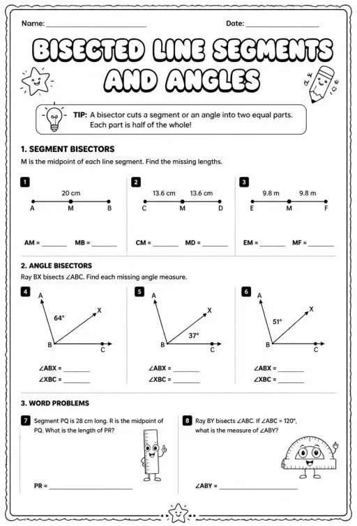 Find lengths and measures of bisected line segments and angles