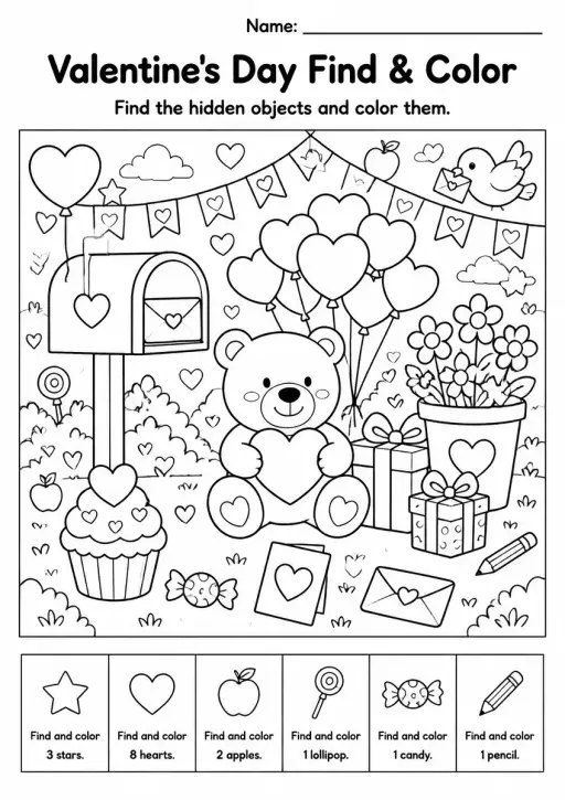 Valentine's Day Find & Color — Grade 1