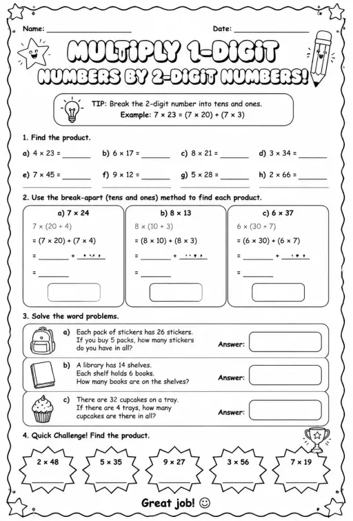 Multiply 1-digit numbers by 2-digit numbers