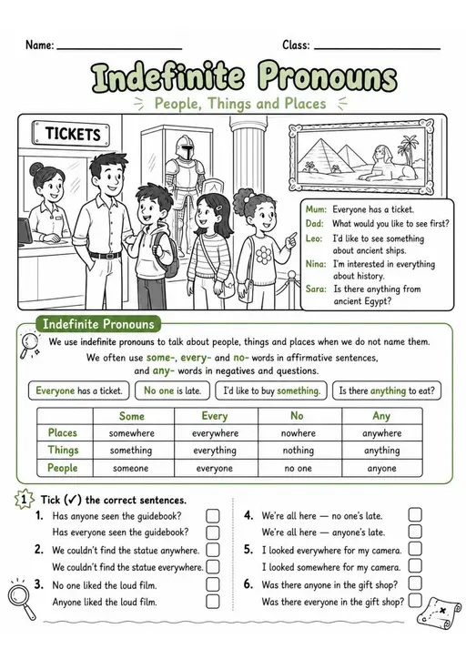 Indefinite Pronouns Pack - 4 Worksheets | Grade 5