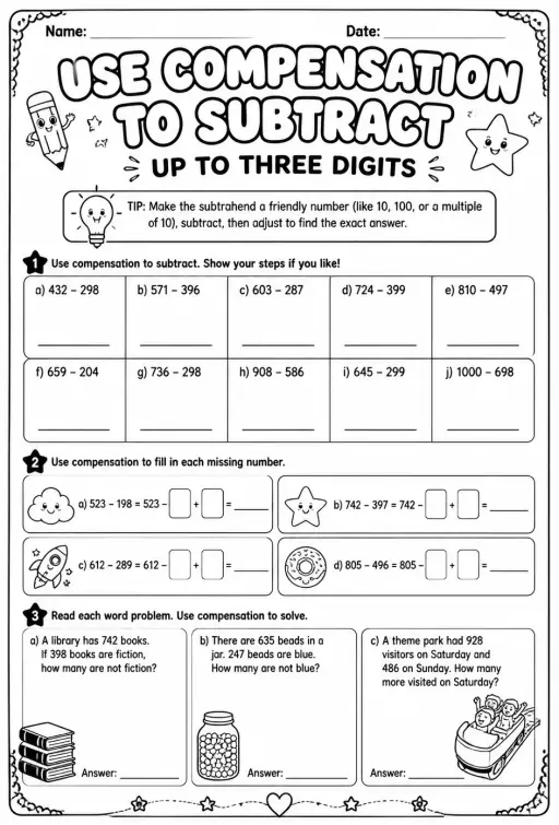 Use compensation to subtract: up to three digits