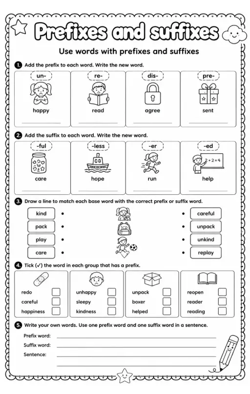 Use words with prefixes and suffixes
