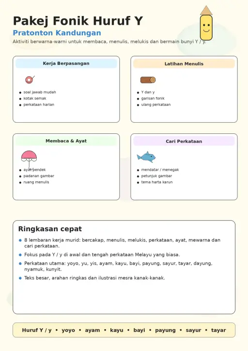Malay Letter Y Phonics Worksheets Pack